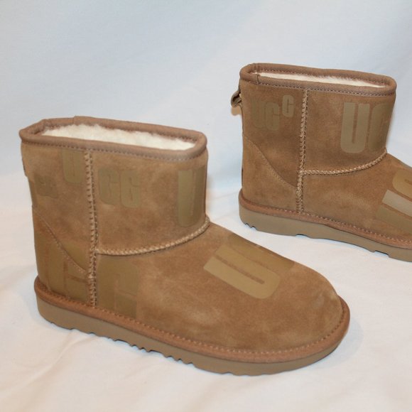 NIB UGG YOUTH 4 5 6 WOMENS 6‎ 7 8 MINI LOGO SUEDE SHEARLING LINED ANKLE BOOTS - Picture 3 of 8